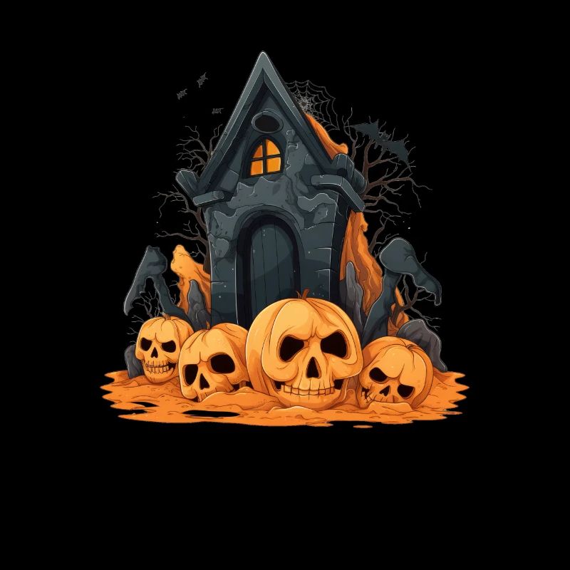 Spooky Halloween design: pumpkins in front of crypt