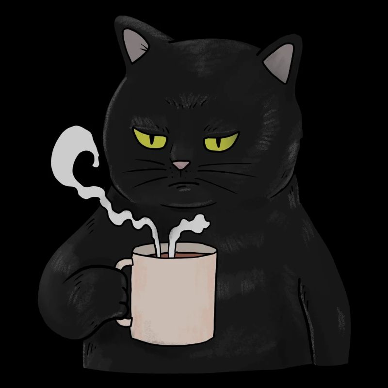 Mürrische schwarze Katze mit Kaffee Morgenmuffel