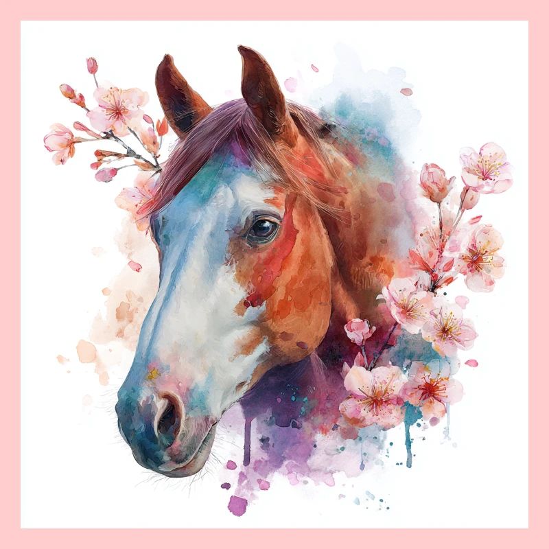 Aquarelle Cheval et Fleurs