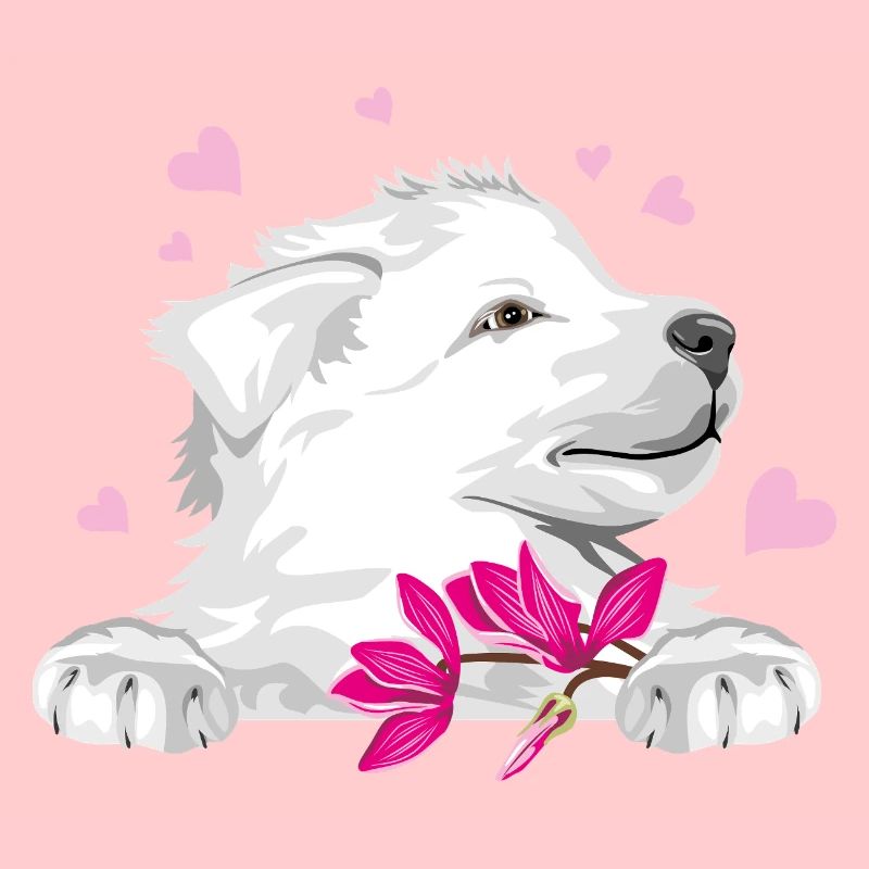 Glücklicher Schweizer Schäferhund mit Blumen und Herzen