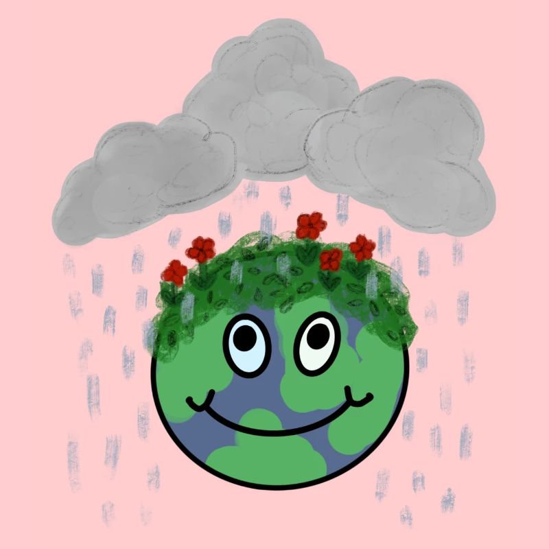 Liebe den Regen! Glücklicher Boden mit Blumen