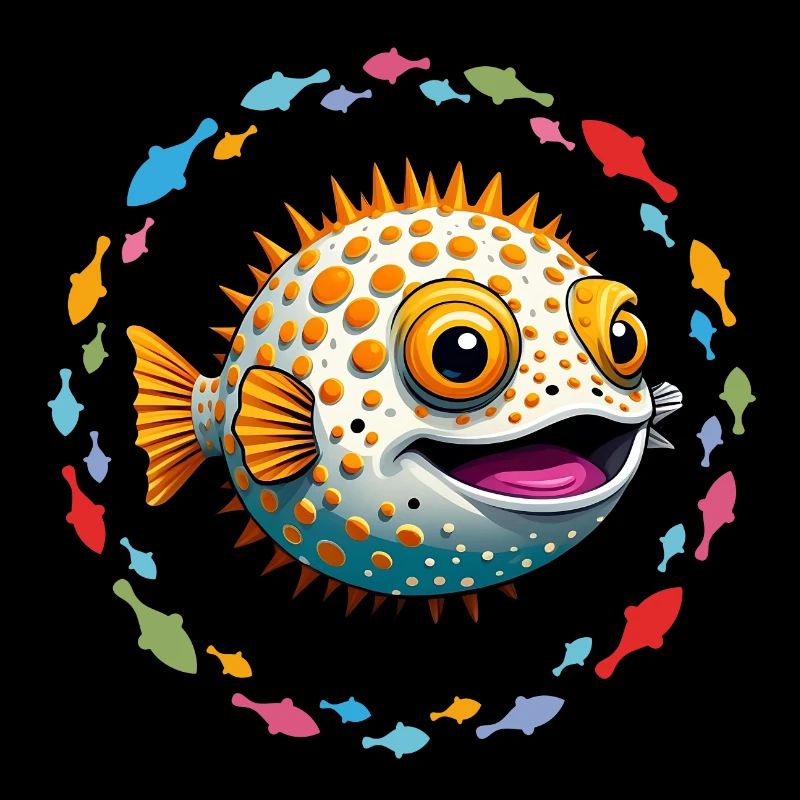 Puffer fish in the colorful circle of fish