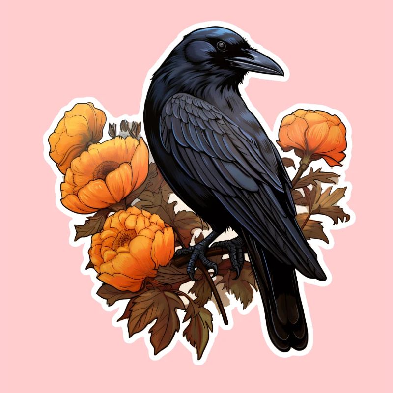 Krähe auf Blumenbusch Halloween Herbst