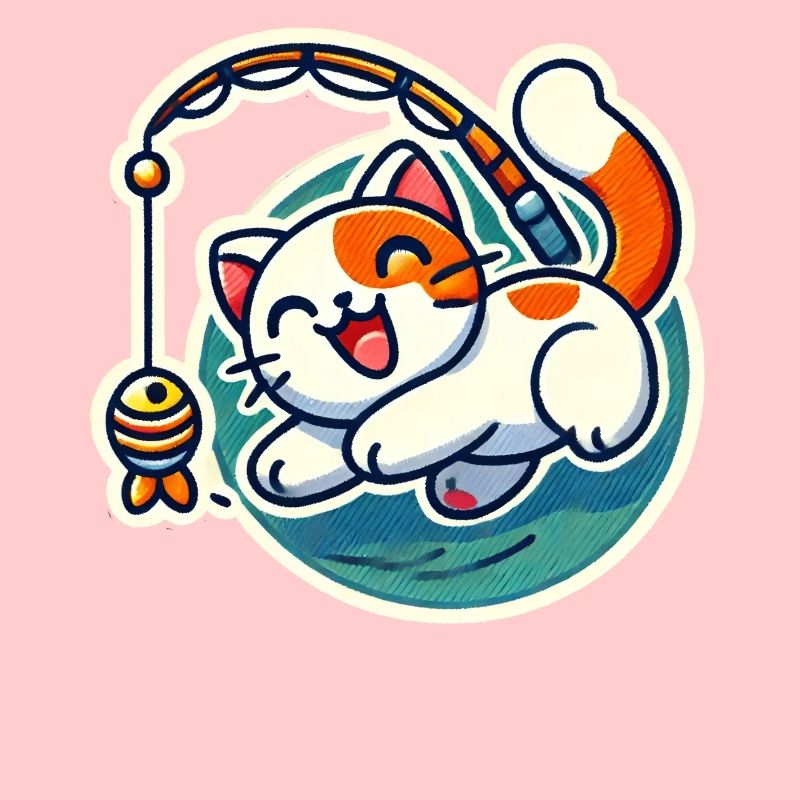 Mignon chat blanc roux joue avec une canne à pêche pour chat