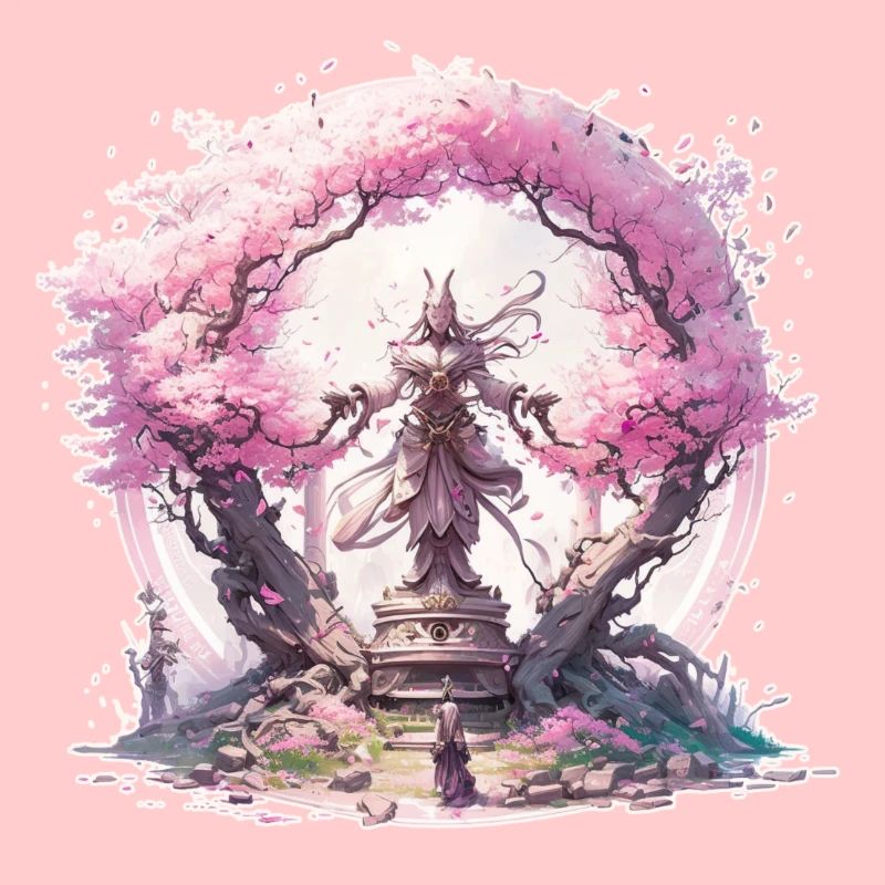 Statue under a cherry blossom tree