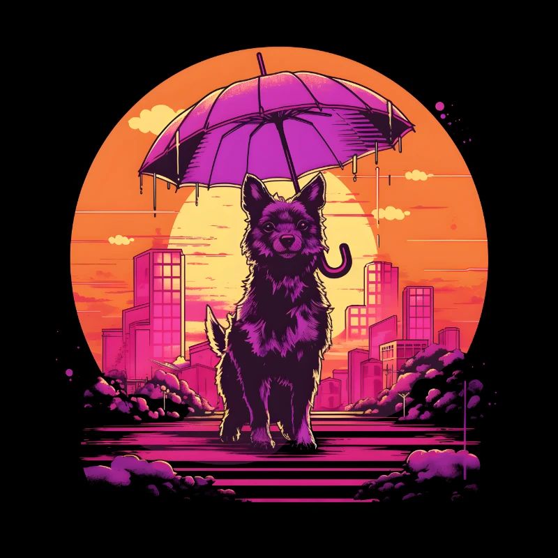 Synthwave japan dog with umbrella