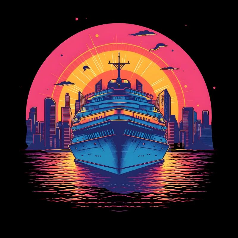 Coucher de soleil sur le bateau de croisière Synthwave