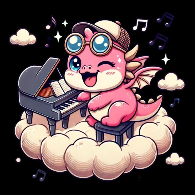 Cute pink dragon playing piano on a cloud
