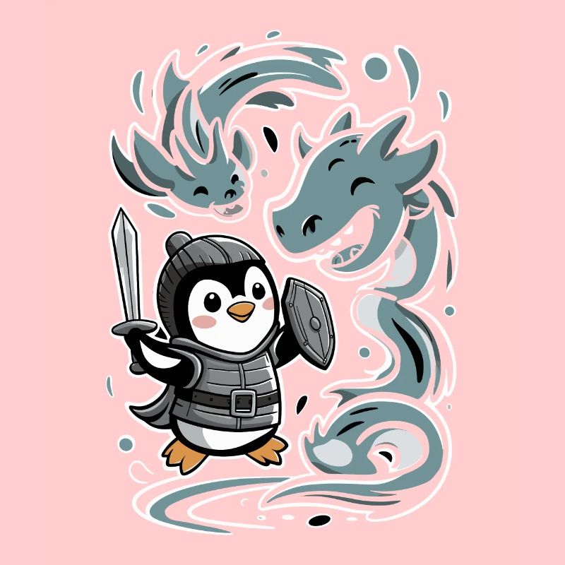 Mignon chevalier pingouin avec des amis dragons