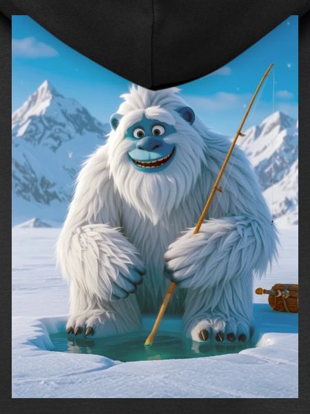 Yeti fishing on frozen glowing lake