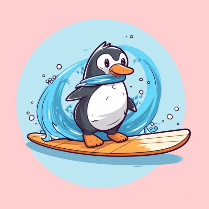 Pingouin surfeur mignon sur une planche de surf
