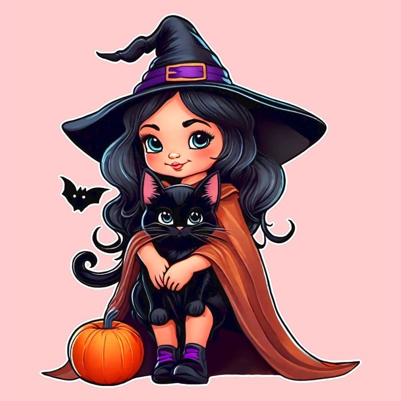 Cute witch with black cat and pumpkin