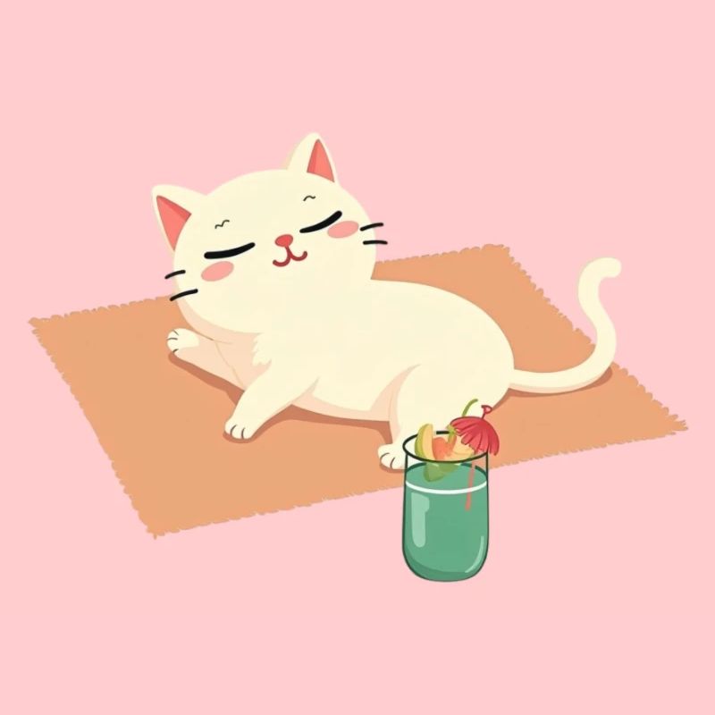 Chat de dessin animé se relaxant sur la plage sur une couverture et une boisson
