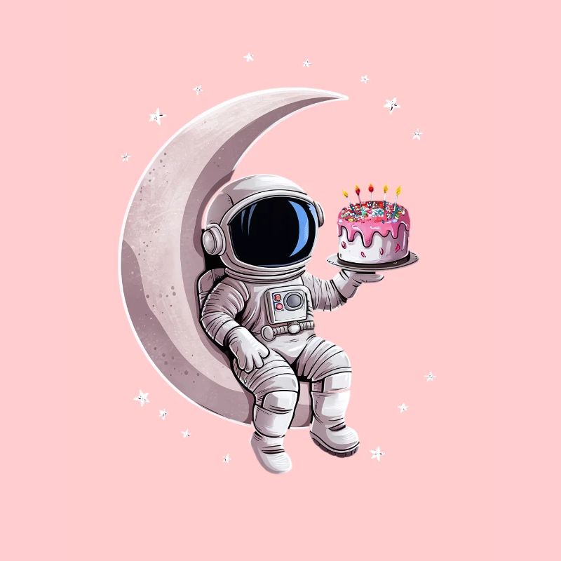 Astronaute avec gâteau assis sur la lune
