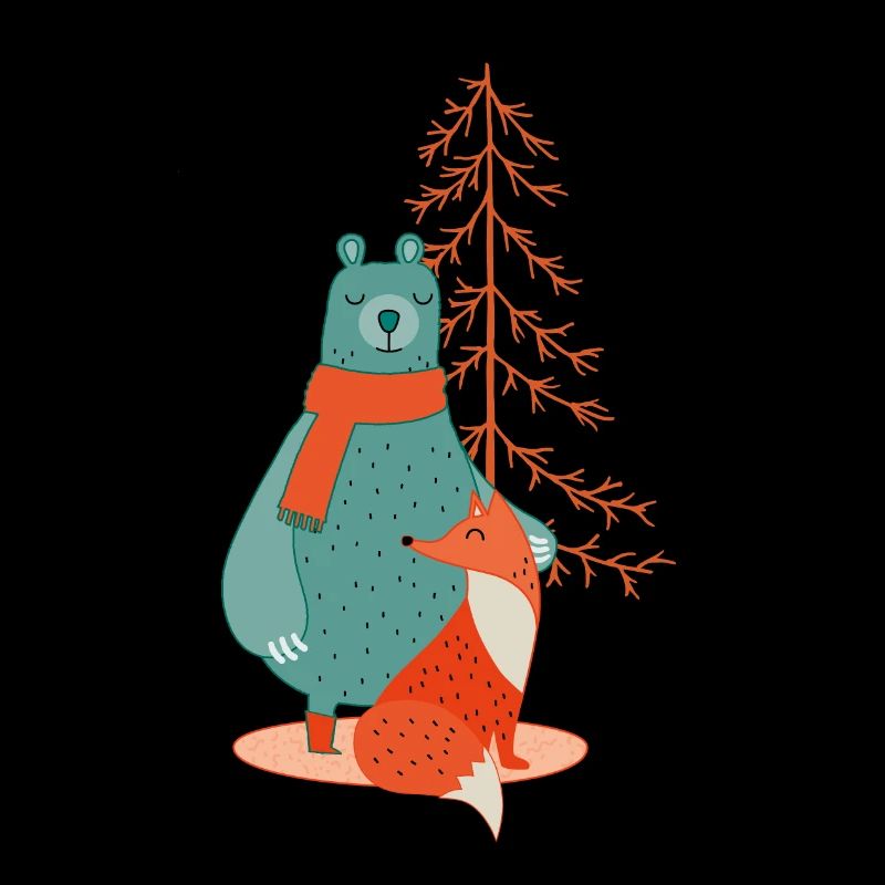 Bear and fox in the wintry forest