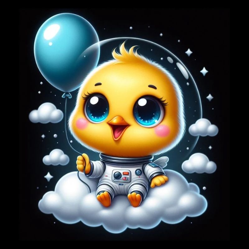 poussin de l’espace avec ballon sur nuage en combinaison spatiale