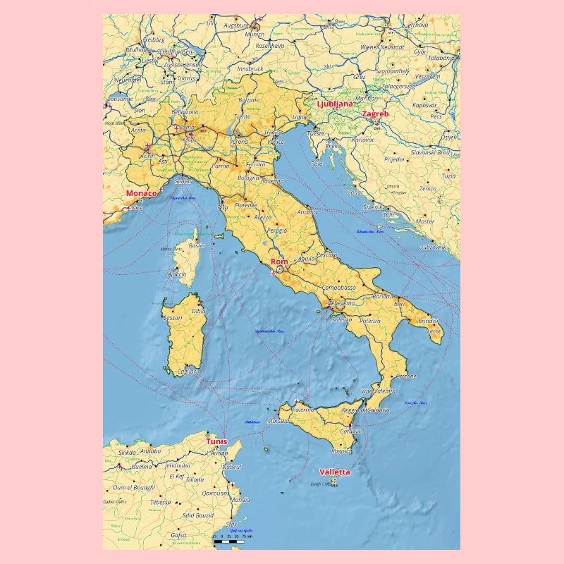 Italy map with cities, roads, rivers, lakes