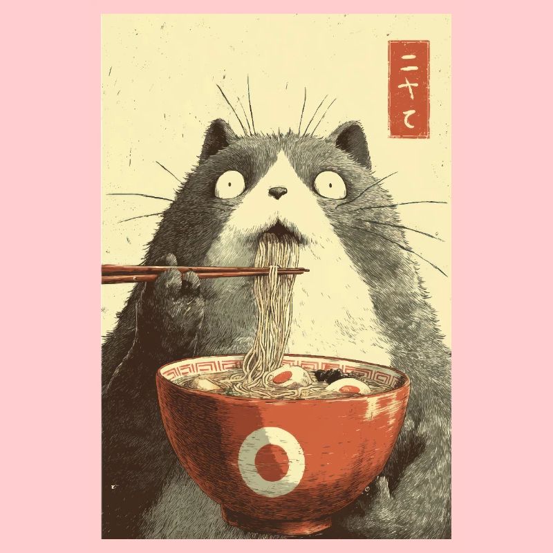 Schockierte Katze isst Ramen