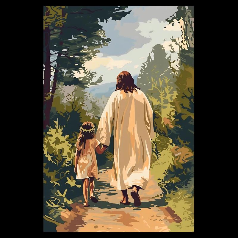Jesus wandert mit einem kleinen Mädchen,