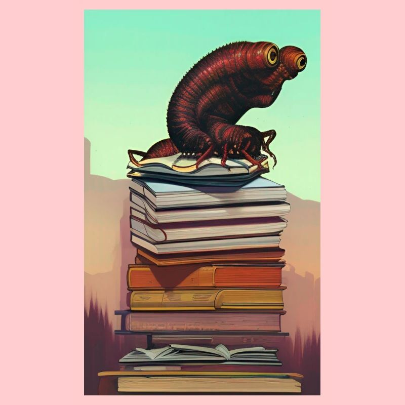 Comic Cartoon Creepy Bookworm Book Stack