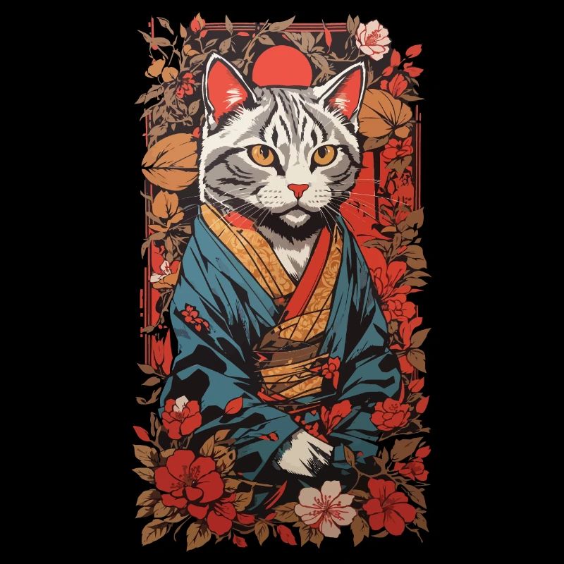 Aesthetic Japanese cat in kimono Ukiyo-E