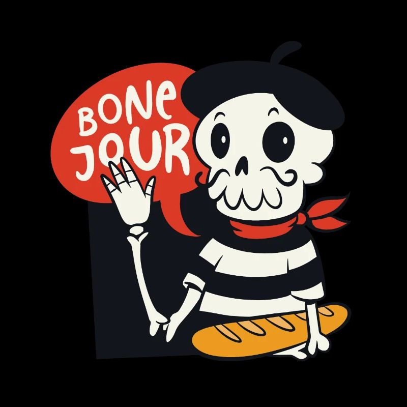 French Skeleton Cartoon With Bone Jour Saying