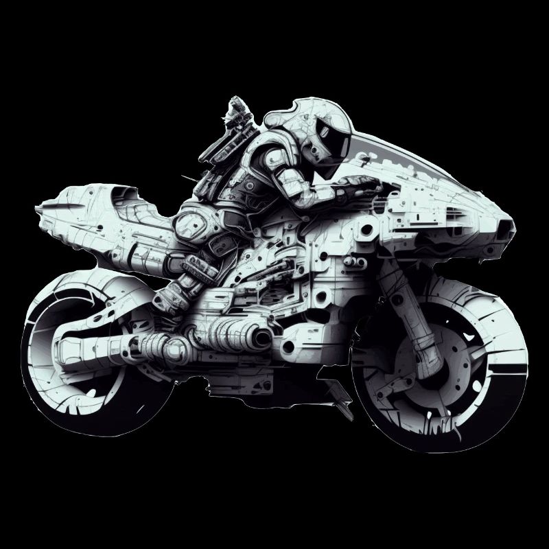 Futuristic sci-fi motorcyclist with bike