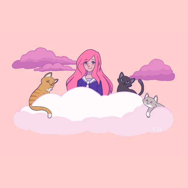 Lizzie in the clouds with cats