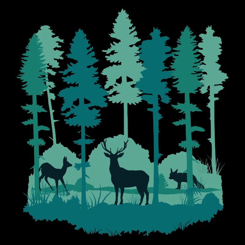 Forest and forest animals - trees, deer, stag and fox