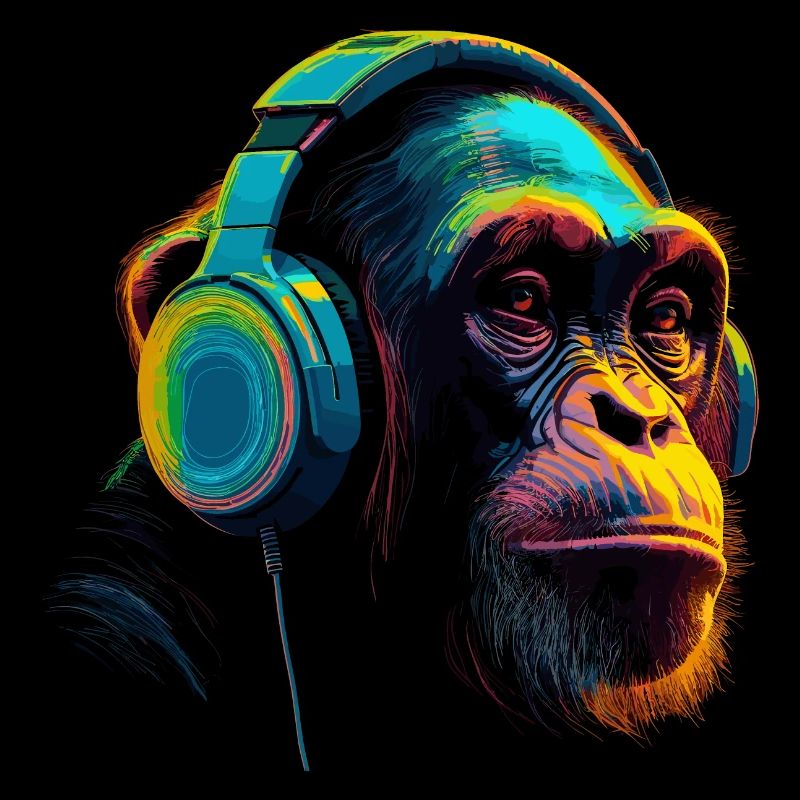 Affe Schimpanse mit Headset Kopfhörer DJ