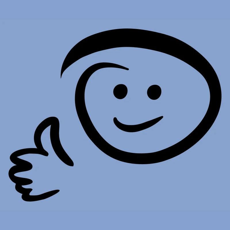 Face smiles, shows thumbs up. Emoticon