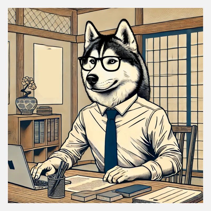 Husky au bureau - Ukiyo-e Style