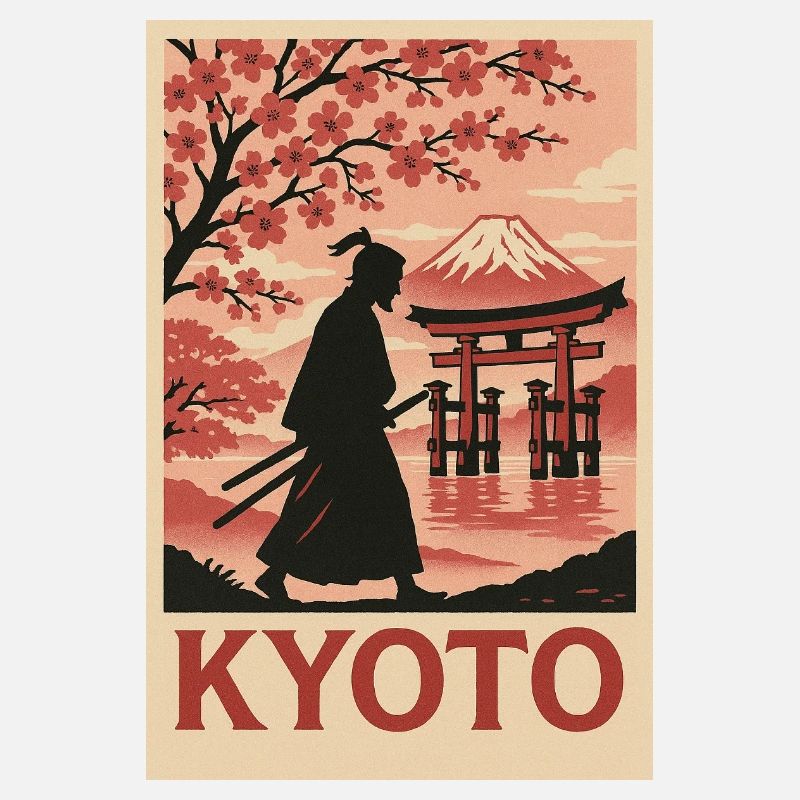 Kyoto Samurai and Cherry Blossoms Silhouette