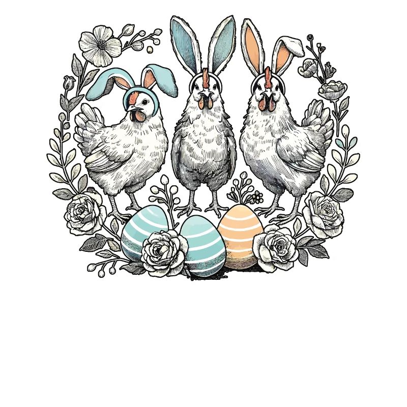 Easter Chickens with Easter Bunny Ears and Flowers
