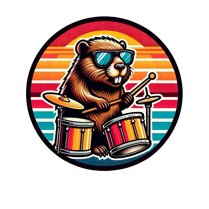 Retro Beaver Drummer with Drumsticks Rock Band