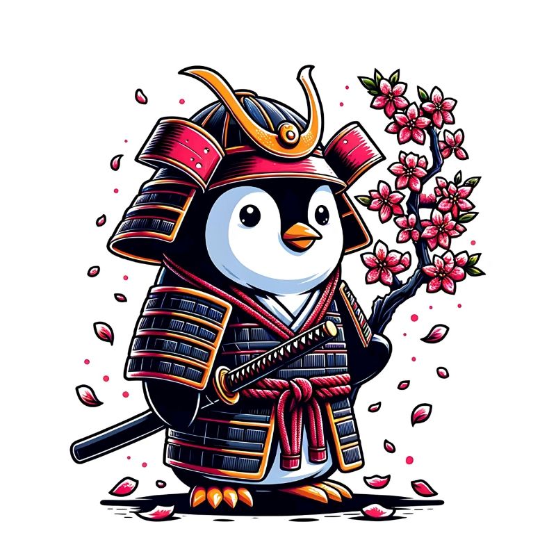 Pingouin samouraï avec fleurs de cerisier