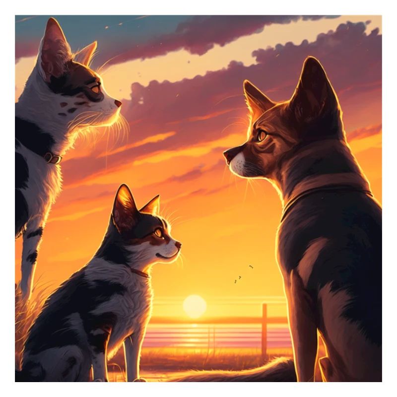 Coucher de soleil sur le chat et le chien