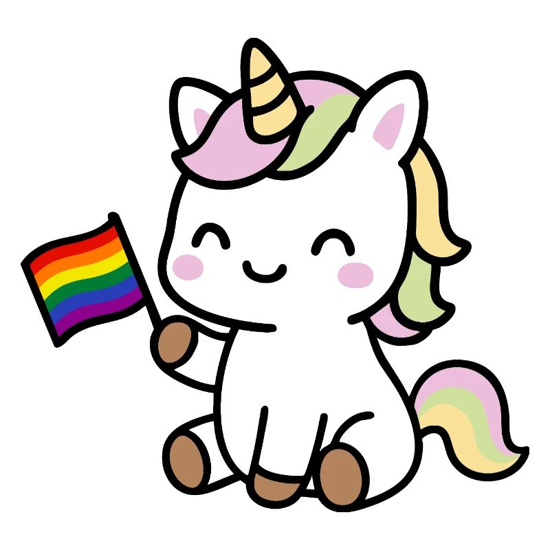 Kleines Einhorn mit Regenbogenfahne