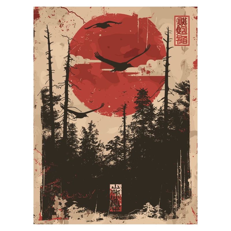 Red Sun Forest Ukiyo-e Forest Landscape