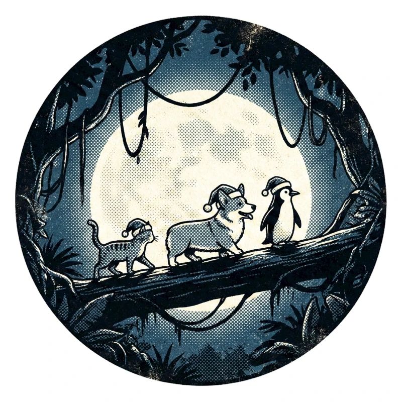 Sentier de la Forêt de Clair de Lune avec Chat, Chien et Pingouin