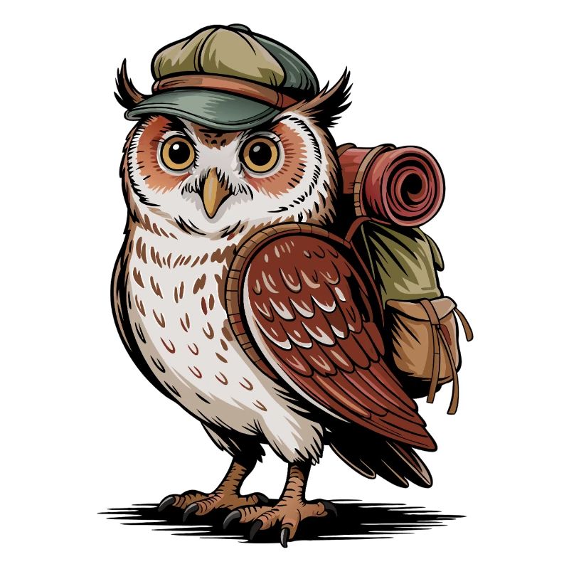 Forest hiker owl with backpack