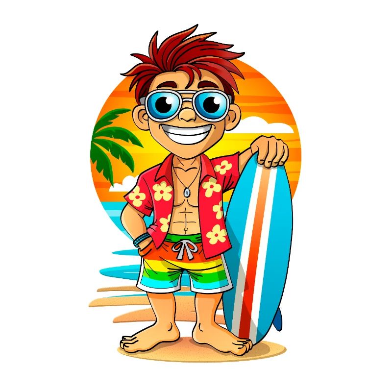 Surfeur joyeux avec une planche de surf sur la plage.
