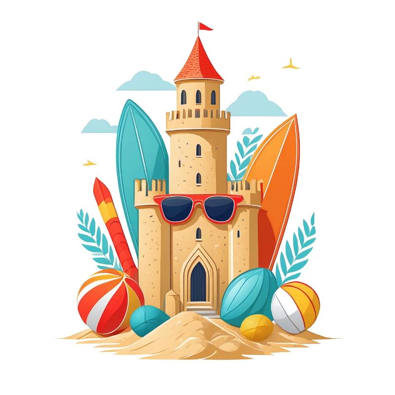 Vacances d’été sur la plage avec château de sable et planche de surf