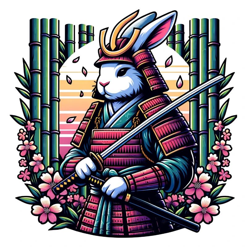 Lapin samouraï dans une forêt de bambous
