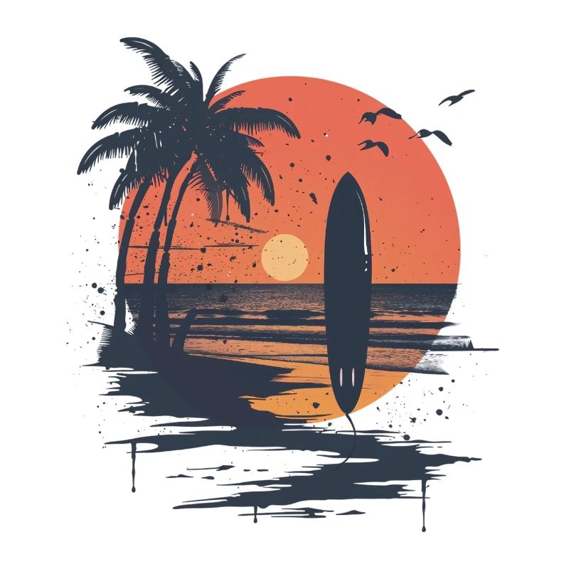 Surfboard sunset and palm trees