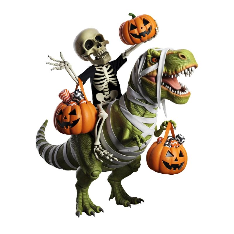 Skeleton riding dinosaur with pumpkins