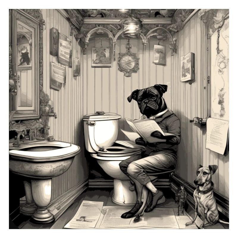 Hund, der im Badezimmer Zeitung liest ,retro look