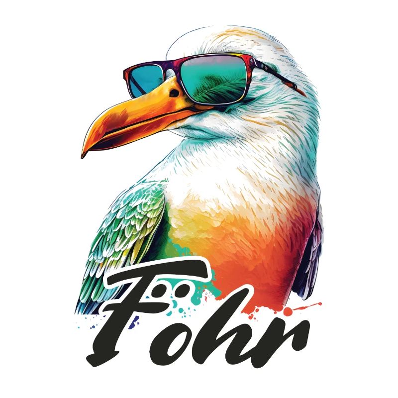 Föhr Urlaub coole bunte Möwe mit Sonnenbrille