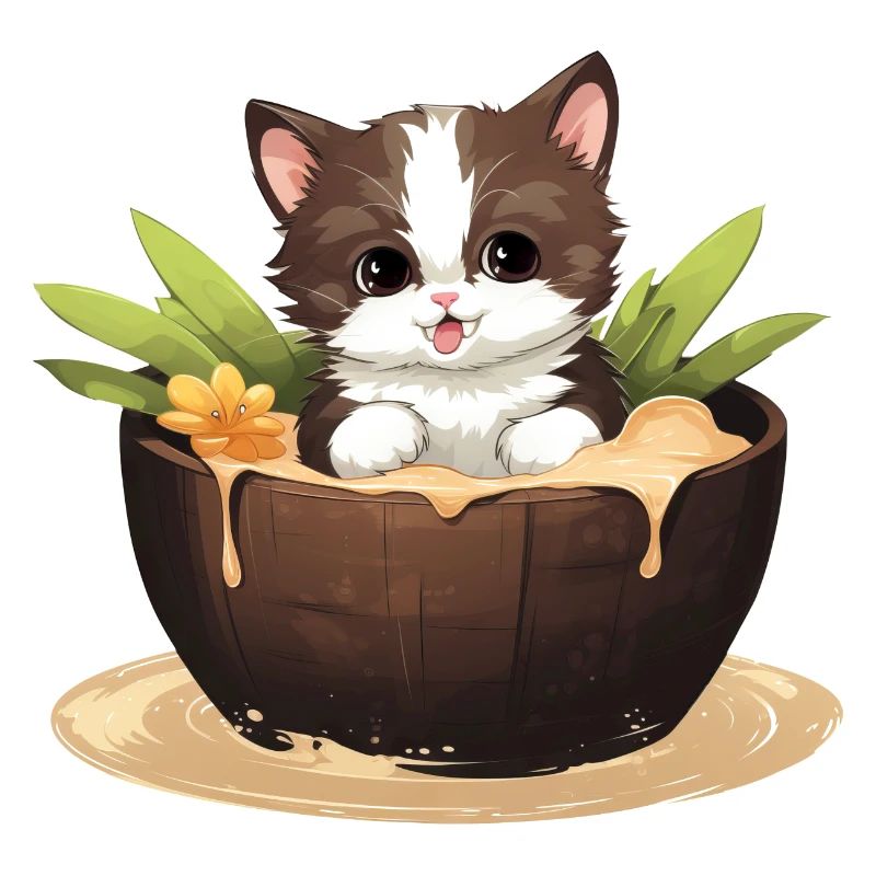 Cat with Coconut, Cute Summer Design