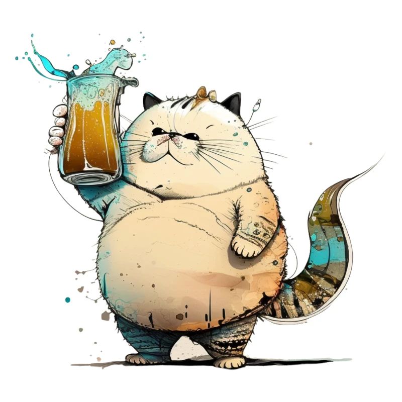 Big funny cat drinks beer